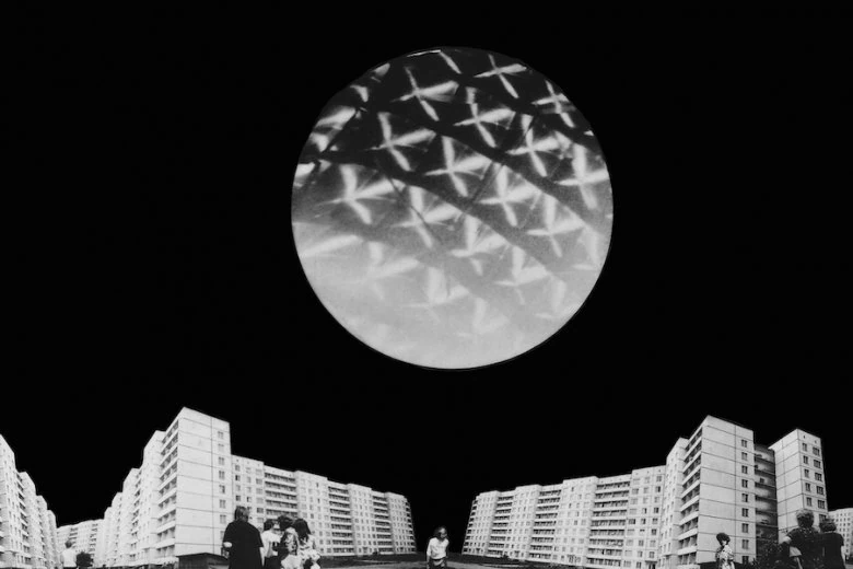 Valdis Celms. Architectural proposal Kinetic Light Object "Balloon", 1978. Photomontage, cardboard. 56.5 x 91.5 cm. Collection of the Latvian Artists Union